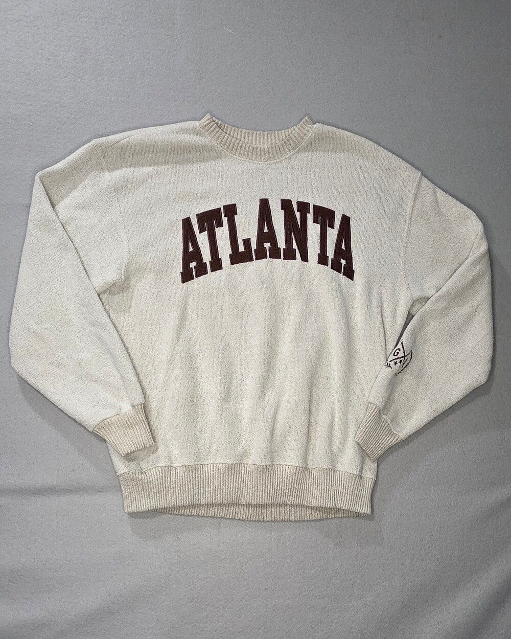 New York Popular Atlanta Varsity Crewneck Sweater M Cream Brown Chenille Letter